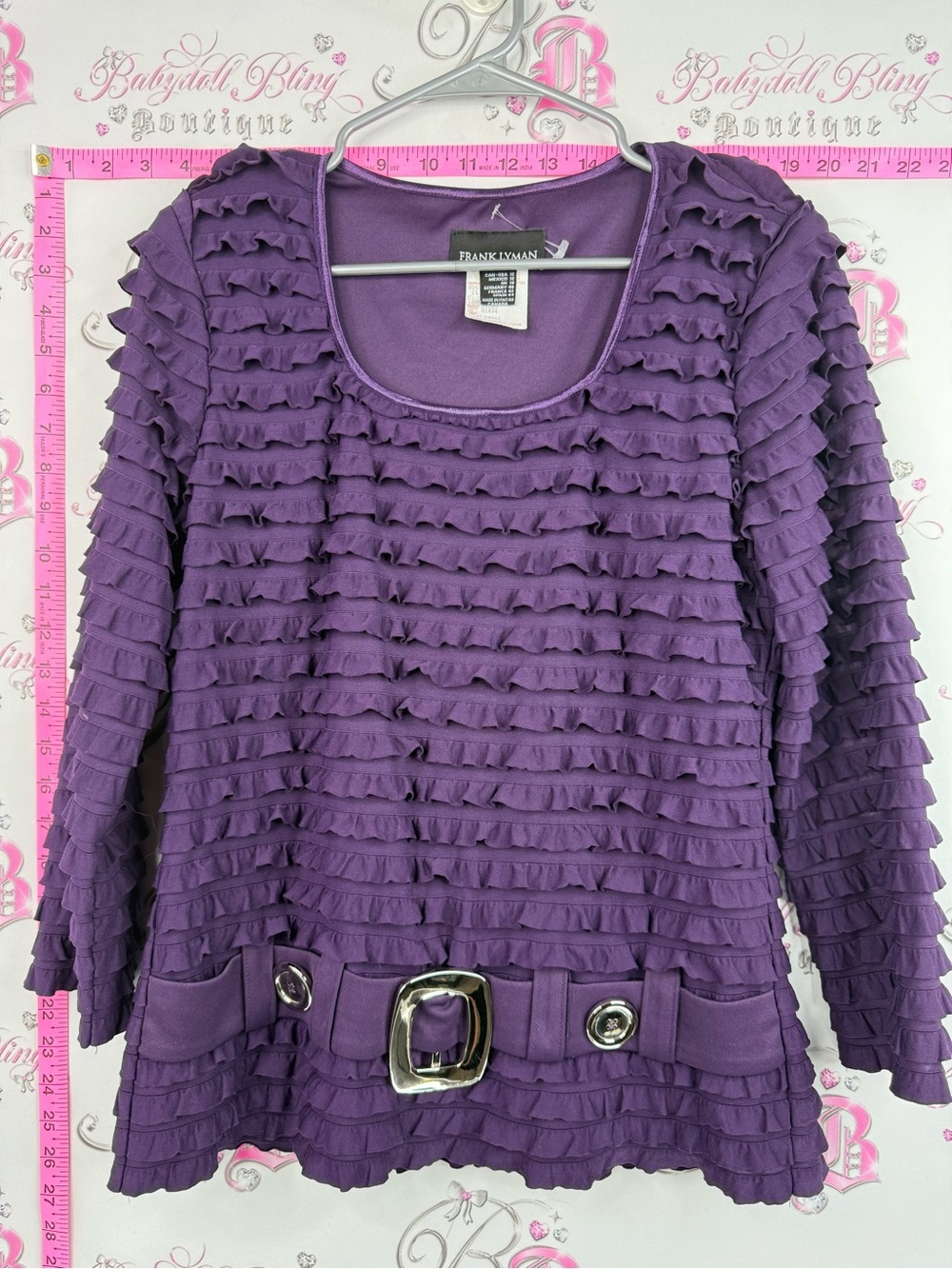 Frank Lyman shirt top Design Purple Layered Ruffle Top with Decorative Belt